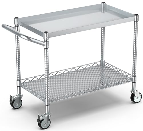 Leteuke 2 Tier Utility Tool Cart with Wheels, Heavy Duty Rolling Utility Carts with Handle, Commercial Grade Metal Serving Storage Cart for Warehouse Garage Kitchen, 25" D x 38.98" W x 40" H-Silver