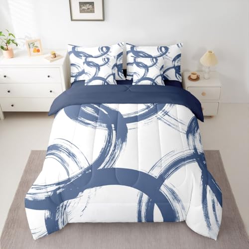 Erosebridal Blue and White 7 Piece Comforter Set Queen Abstract Line Ink Painting Bedding Set for Kids Boys Girls Simple Minimalist Graffiti Art Modern Geometric Sheet Set Boho Cool Unique Mens Quilt Erosebridal