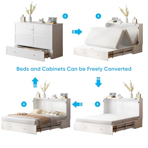 Mjkone Murphy Bed Cabinet with Built-in 3 Charging Station and 2 Storage Drawers, Solid Wood Cabinet Beds Queen Size with Mattress, Cube Chest Beds for Guest Room (White-Murphy Bed B)