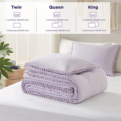 Codi Lavender Purple Full/Queen Comforter Set - Boho Aesthetic Bedding with Luxurious Pom Fringe, Soft Washed Microfiber 3pc Set, Couple-Friendly Lightweight Design, 1 Comforter & 2 Pillow Shams Codi