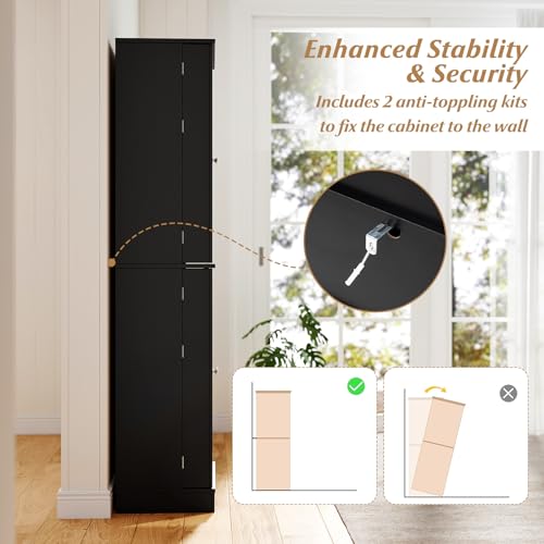 Giantex Kitchen Pantry Cabinet, 65.5" Tall Kitchen Hutch w/8-Tier Storage Cabinet, 16-Tier Door Shelves & Adjustable Shelves, 4-Door Freestanding Buffet Sideboard for Dining Room, Living Room (Black) Giantex