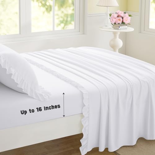 Yvrcen 4 Pieces Ruffle Full Sheet Set, White Bed Sheets Full Size, Microfiber Coquette White Sheets with 16 Inch Deep Pocket Fitted Sheet, 1 Ruffled Flat Sheet & 2 Ruffled Pillow Shams Yvrcen