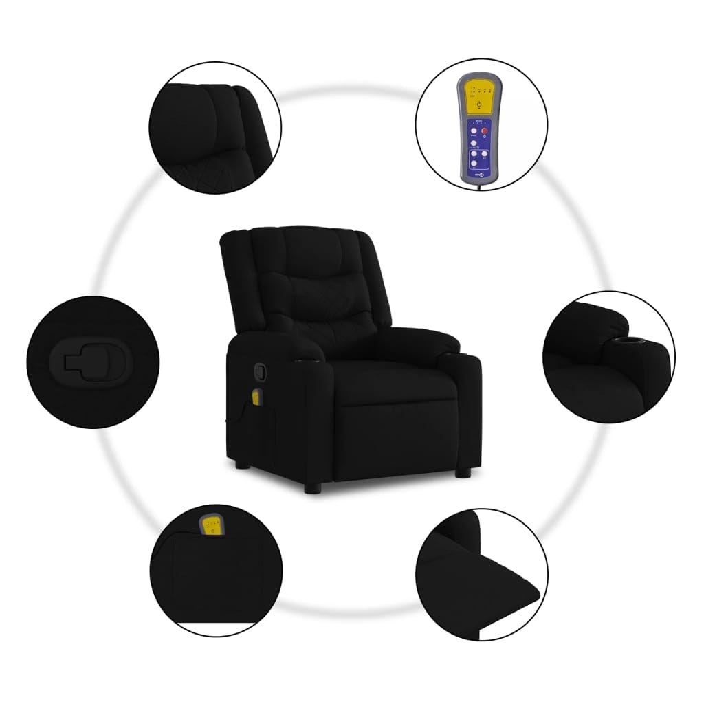 vidaXL Black Fabric Massage Recliner Chair - Manual Reclining, Vibration Massage, Cup Holders for Comfort in Living Room/Lounge vidaXL