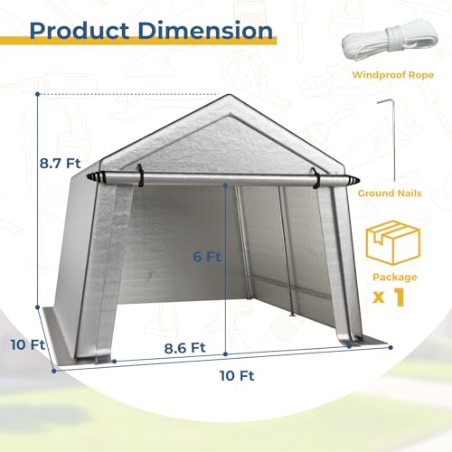 LINKHOO 10x10 FT Portable Garage Carport, Heavy-Duty Storage Shed with 220G Waterproof PE Tarp, Roll-Up Zipper Door & Vent, for Motorcycle, Bike, UTV, Tools, Outdoor Equipment, Gray LINKHOO