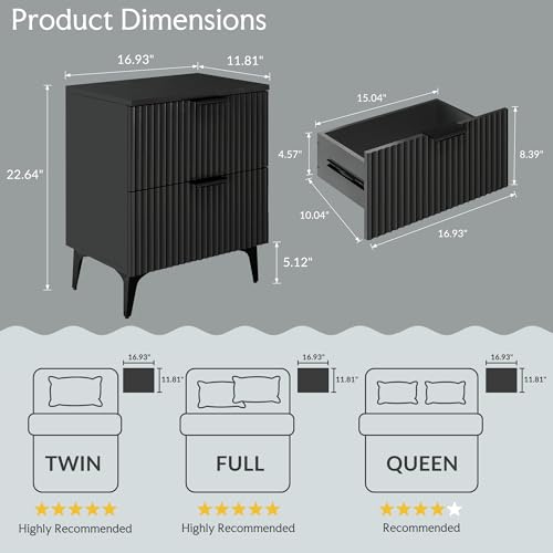 GRAINLLE Wood Night Stand Set 2 Fluted Dresser for Bedroom 2 Drawers End Tables Nightstands Set of 2, Storage Modern Bedside Table Set of 2, Black Nightstand GRAINLLE