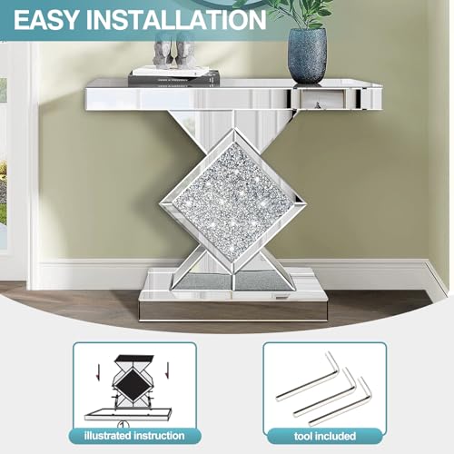 GA Home Silver Mirrored Console Table with Crushed Diamond lnlay, 32" Long Entryway Sofa Table, Shiny Narrow Table for Living Room, Hallway Foyer, Entrance GA Home