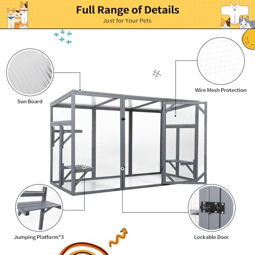 Outdoor Cat Catio House, Wooden Cat Habits with 3 Platforms, Lockable Doors, Top PC Sun Roof, Patio Yard Window Enclosures, Weatherproof, Gray Nyeekoy