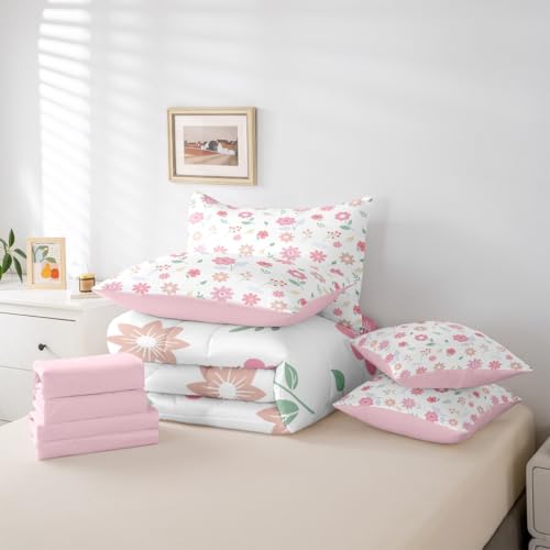 Feelyou Cute Flower 7 Piece Bedding Set Fresh Flower Floral Comforter Set with Sheets for Kids Boys Girls Nature Plants Bed in a Bag Pink Green Bed Set Soft Lightweight Feelyou