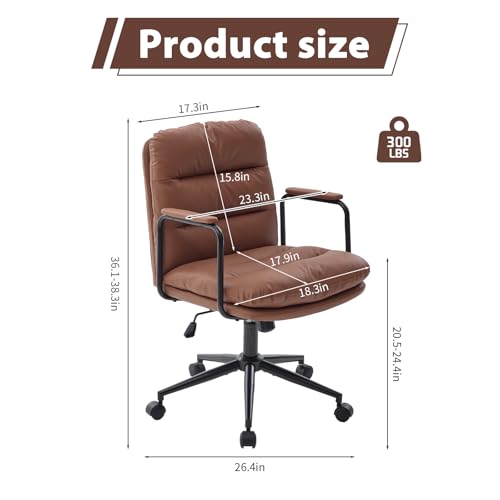 Home Office Chair with Arms, Swivel Criss Cross Chair with Wheels, Comfortable PU Leather Office Desk Chair, Ergonomic Adjustable Height Task Chair with Tilt Lock, Brown Shenyon