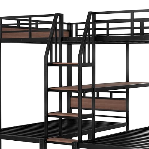 Bellemave Queen Over Twin Over Twin Bunk Bed with Shelf and Stairs, Heavy Duty Triple Bunk Beds with Safety Guardrails, Metal Triple Bunk Bed Frame for 3 Kids, Teens, Black Bellemave