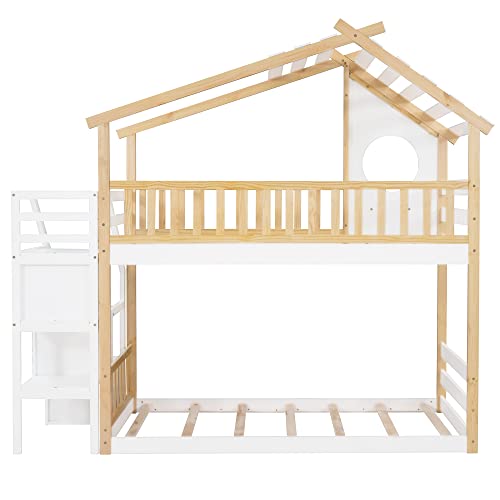 Harper & Bright Designs Twin Over Twin Bunk Bed with Stairs, Stairway House Bunk Bed Frame with Storage and Guard Rail for Kids Girls Boys (Natural and White) Harper & Bright Designs