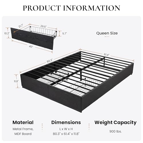 SHA CERLIN Queen Platform Bed Frame with 2 Large Storage Drawers - Heavy Duty Metal & Rustic Wood, Noise-Free, No Box Spring Needed, Black SHA CERLIN
