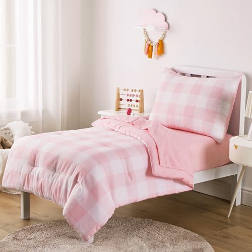 Wake In Cloud - Gingham Toddler Bedding Set for Girls Boys, Cute Plaid Buffalo Check, 4 Pieces Soft Crib Bed Set Including Comforter, Sheets and Pillowcase, Pink Wake In Cloud
