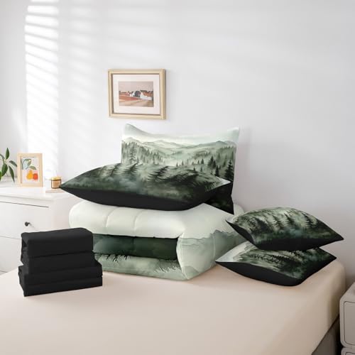 Erosebridal Smoky Mountain Bedding Set Full Nature Forest Green Comforter Set 7 Piece Rustic Woodland Botanical Pine Tree Bed in A Bag for Kids Adults Natural Jungle Plants Sheet Set with Comforter Erosebridal