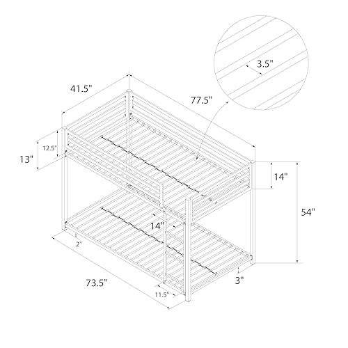 DHP Miles Silver Low Metal Bunk Bed Frame for Kids - Twin Over Twin with Built-in Ladder and High Guardrails DHP