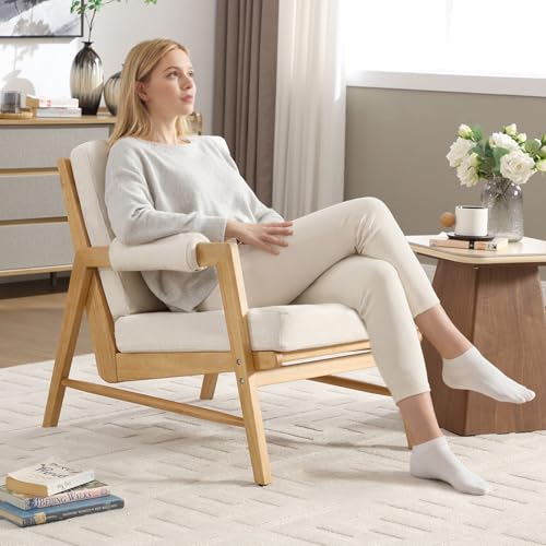 CIMOTA Mid Century Modern Accent Chair, Linen Upholstered Living Room Chairs with Arms, Comfy Reading Chair with Solid Wood Frame, High Back for Bedroom, Waiting Room, Office, Beige CIMOTA