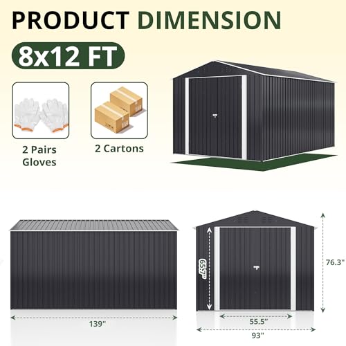 AirWire 8x12 FT Outdoor Storage Shed, Garden Shed with Updated Frame Structure and Lockable Doors, Metal Tool Sheds for Backyard Garden Patio Lawn, Grey AirWire