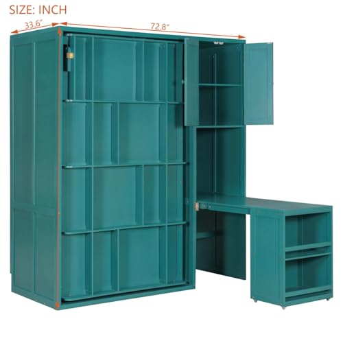 KALALLA Twin Size Rotating Wall Murphy Bed with Bookshelf, Top Cabinet, Horizontal Murphy Bed Frame with Extendable Desk & Side Storage, Space Saving, Boys Girls Kids Adults, Teal KALALLA