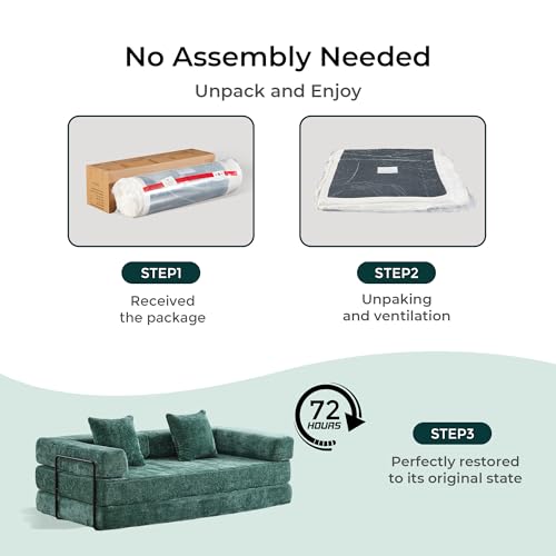 WELAX 77" Convertible Sleeper Sofa Bed, Boneless Cloud Queen Futon Couches with 2 Pillows & Removable Armrests, Chenille Folding Floor Couch No Assembly for Bedroom, Living Room, Green WELAX