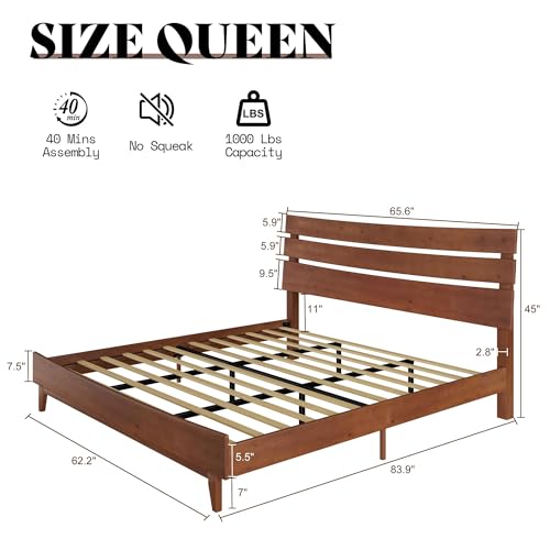 VanAcc Queen Size Solid Wood Bed Frame, Mid Century Platform Beds with Slatted Headboard, Wood Slat Support/No Box Spring Needed/Noise Free/Walnut VanAcc