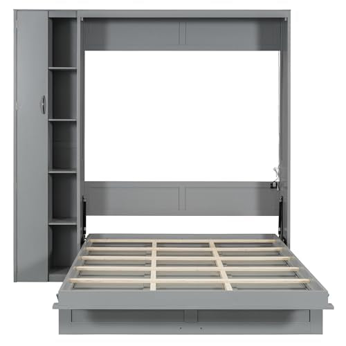 Merax Queen Size Murphy Bed with Wardrobe, Murphy Bed Cabinet Queen with Storage Shelves and LED Lights, No Box Spring Needed, Gray Merax