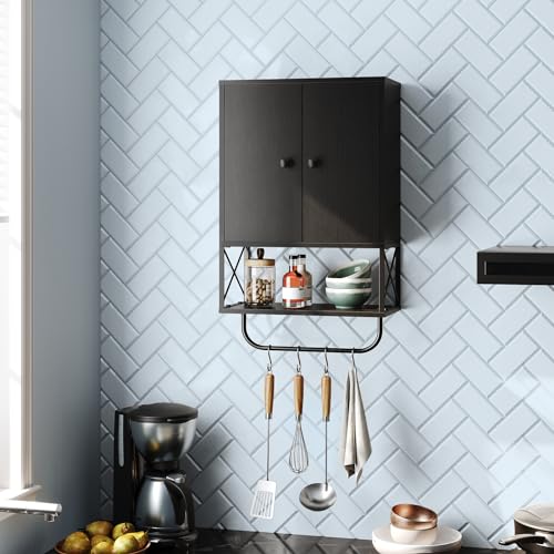 MAHANCRIS Bathroom Wall Cabinet with 2 Door and Adjustable Shelf, Farmhouse Medicine Cabinet with Towel Rack, 3-Tier Wall Mounted Storage Cabinet Over The Toilet for Bathroom Laundry Room, Black MAHANCRIS