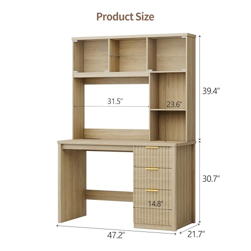 FREDEES LED Study Desk with Hutch, Home Office Desk with Charging Station & Storage Drawer, 70'H Writing Table with Glass Display Cabinet, 3 Color Light Computer Desks for Study, Wood FREDEES