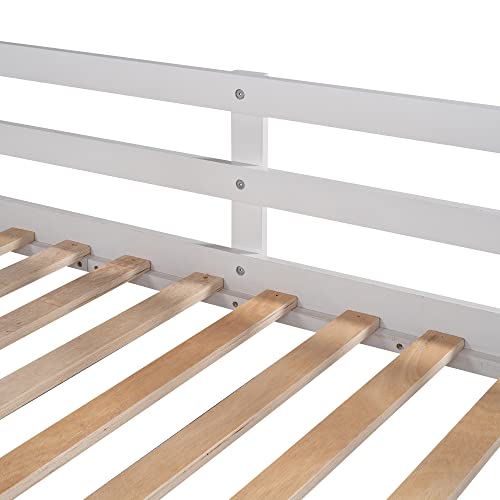 Merax Twin Over Twin Bunk Bed with Trundle, Solid Wood Stairway Bunk Bed Frame with 3 Storage Cabinet Staircase, No Spring Box Required, White Merax