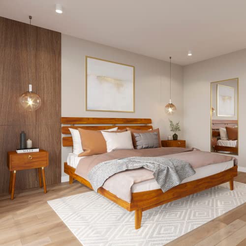 Bme Caden 15 Inch Deluxe Bed Frame with Adjustable Headboard - Mid Century, Retro Style with Acacia Wood - No Box Spring Needed - 12 Strong Wood Slat Support - Easy Assembly - Caramel, King Bme
