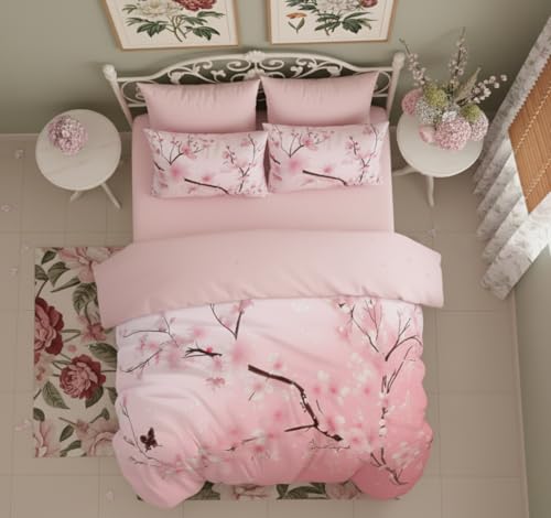 CCoutueChen Japanese Bedding Set King Size,Pink Flower Comforter Set 3Pcs Cherry Blossom Quilted Bed Set with 2 Pillowcases for Girls Women, All Season(104"x90") CCoutueChen
