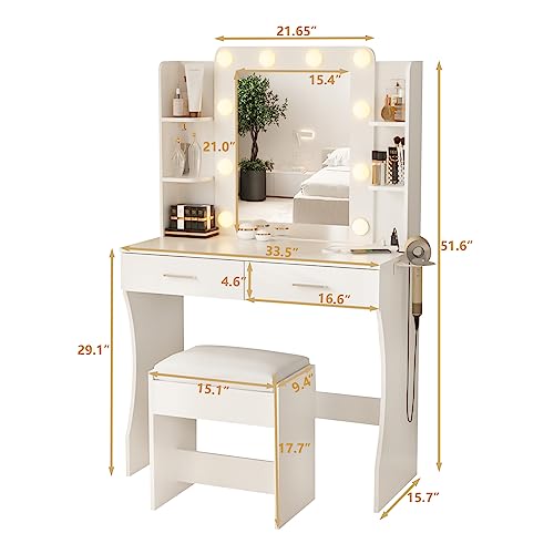 Vanity Desk with Lights,Makeup Vanity with Power Strip,Dressing Table Set with 2 Large Drawers,Vanity Mirror 3 Lighting Color Adjustable,White Vabches