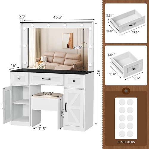 INTERGREAT 57" Makeup Vanity Desk with Large Mirror and 10 LED Lights,Dressing Table with Power Outlet & 5 Drawers,3 Lighting Color Adjustable,Vanity Desk for Girls,White INTERGREAT