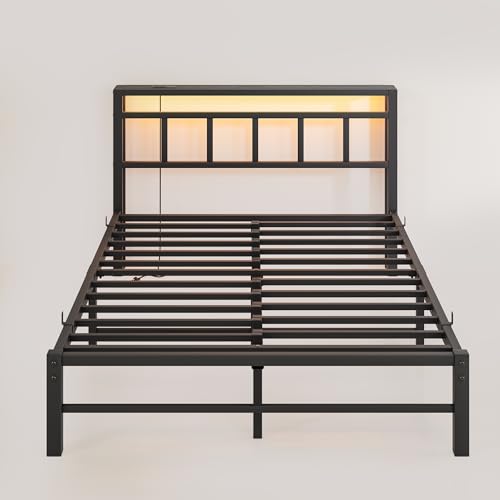 Maliacife Full Size Bed Frame with Headboard,LED Light and Charging Station with Wood Shelves,Metal Platform Bed with Heavy Duty Slats Support,No Box Spring Needed,Easy Assembly,Noise Free,Black Maliacife