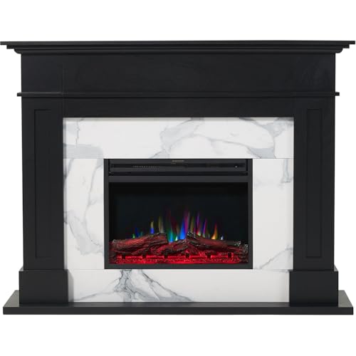Cambridge Sofia 53-in. Freestanding Fireplace Mantel in Black with White Marble Inlay and Log Display, Electric Heater Insert with Color Changing Flames for Living Room, Bedroom CAMBRIDGE