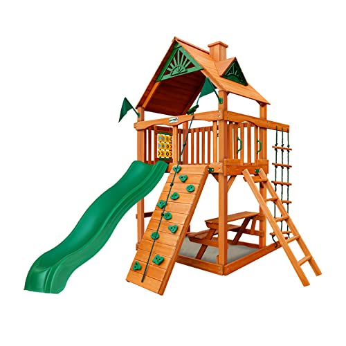 Gorilla Playsets 01-0061-AP Chateau Tower Wooden Play Tower with Wood Roof, Slide, and Climbing Wall, Brown Gorilla Playsets