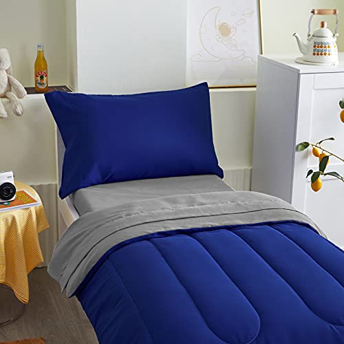 UOZZI BEDDING 4 Pieces Toddler Bedding Set Ultra Soft and Breathable Toddler Sheet Set - Includes Comforter, Flat Sheet, Fitted Sheet and Pillowcase - Royal Blue & Gray UOZZI BEDDING