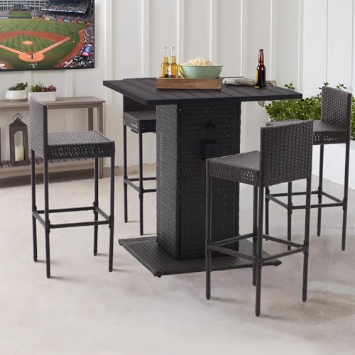 Koruiten 5-Piece Outdoor Wicker Bar Set with Built-in Bottle Opener and Hidden Storage - Brown Koruiten