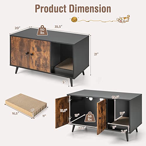 Tangkula Cat Litter Box Enclosure, Cat Washroom W/Divider, Scratching Pad, Metal Leg, Enclosed Cat Box Cabinet Pet House W/Double Doors, Litter Box Furniture Hidden for Large Cat (Rustic Brown) Tangkula