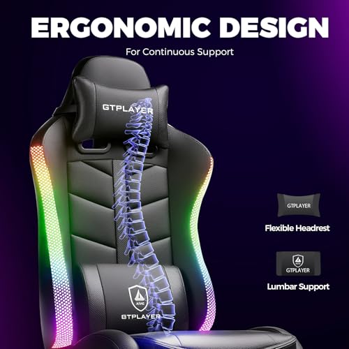 GTPLAYER RGB Gaming Chair with Footrest, Computer Gaming Chair with LED Lights for Adults, Height Adjustable PC Gamer Chair with 90-155° Recline & Removable Headrest Lumbar Support, RGB Black GTPLAYER
