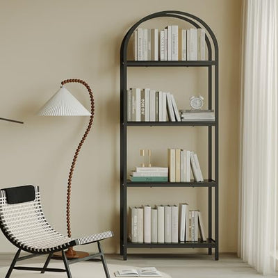 Kogven Arched Industrial 4-Tier Bookcase with Metal Frame - 72" Tall Freestanding Storage Rack in Black