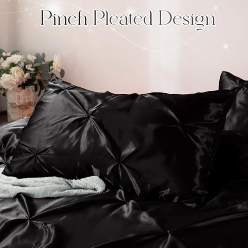 Heywaller 5-Piece Pinch Pleat Duvet Cover Set, Pintuck Duvet Cover Queen Size with Zipper, Black Satin Duvet Cover Shabby Chic Bedding (2 Pillow Shams + 2 Pillowcases), No Comforter Heywaller