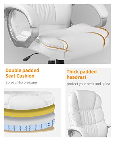 Office Chair Computer High Back Adjustable Ergonomic Desk Chair Executive PU Leather Swivel Task Chair with Armrests Lumbar Support (White) FDW