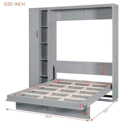 Merax Full Size Murphy Bed Wall Bed with Shelves, Drawers and LED Lights,Gray Merax