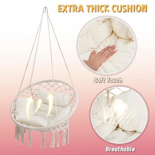 KROFEM Macrame Hammock Hanging Swinging Chair with Medium Cushion, Perfect for Bedroom, Porch, Adults, Balcony, Beige KROFEM