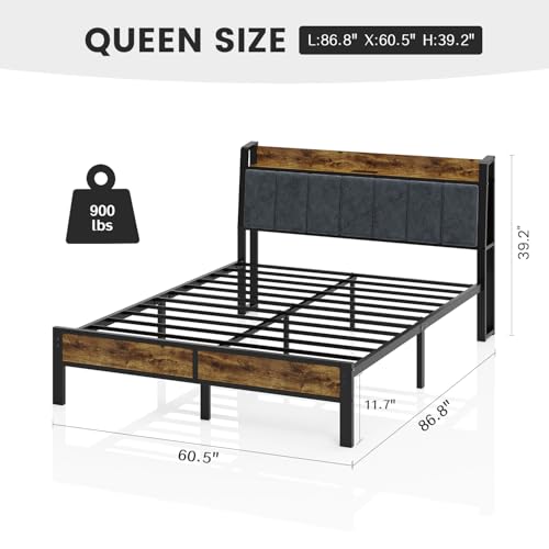 Queen Size Bed Frame with Wood Headboard, Metal Platform Bed with USB Charging Station and Smart LED Lights, No Box Spring Needed, Easy Assembly Liians