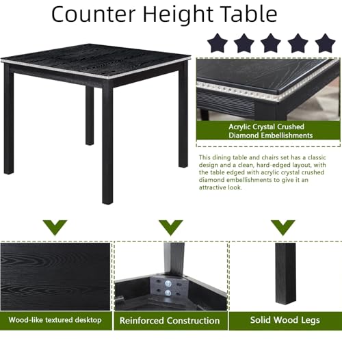 Trygoal Dining Table Set for 4, 5-Piece Dining Room Table Set with Square Crystal Decoration Table & 4 Upholstered Backrest Chairs, Counter Height Kitchen Sets with Faux Wood Grain Design, Black Trygoal
