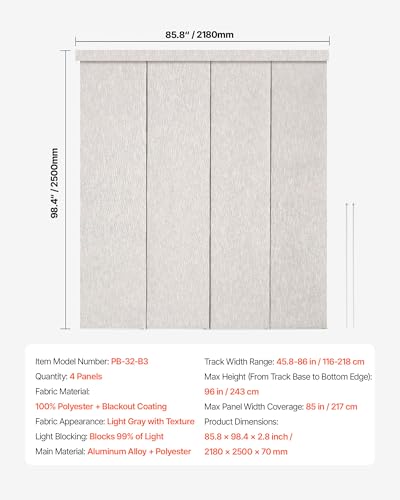 VEVOR Panel Track Blinds, Extendable Track from 45.8 in to 86 in W, Trimmable Panel Curtains Up to 96 in H, Vertical Blackout Panel Blinds for Sliding Doors, Patio Doors, Room Divider, Light Gray VEVOR
