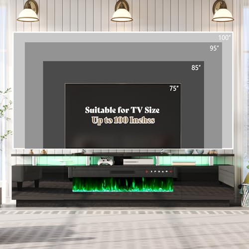 AMERLIFE 90" High Gloss 2 Tier TV Stand with 50" Electric Fireplace, Modern Luxury Large Entertainment Center/w LED Lights, Media Console Table Storage Cabinet for TVs Up to 100", Living Room, Black AMERLIFE