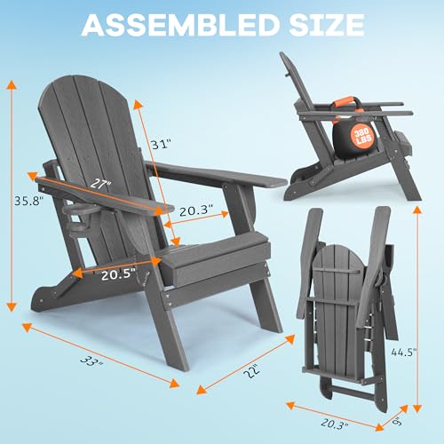 Folding Adirondack Chair, Patio Chair with Cup Holder, Wood Texture Fire Pit Chair, Heavy Duty HDPE Weather Resistant for Outdoor Lawn Porch Garden Backyard Deck (Grey) Rengue