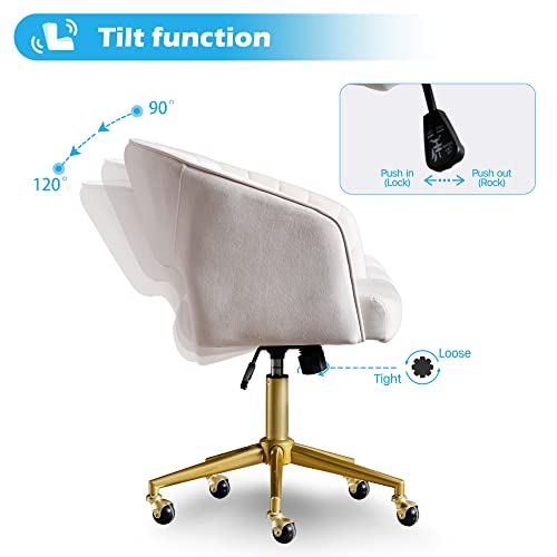Home Office Chair Swivel Velvet Desk Chair Accent Armchair Upholstered Modern Tufted Chairs with Gold Base for Girls Women Ergonomic Study Seat Computer Task Stools for Living Room(Cream) KCC